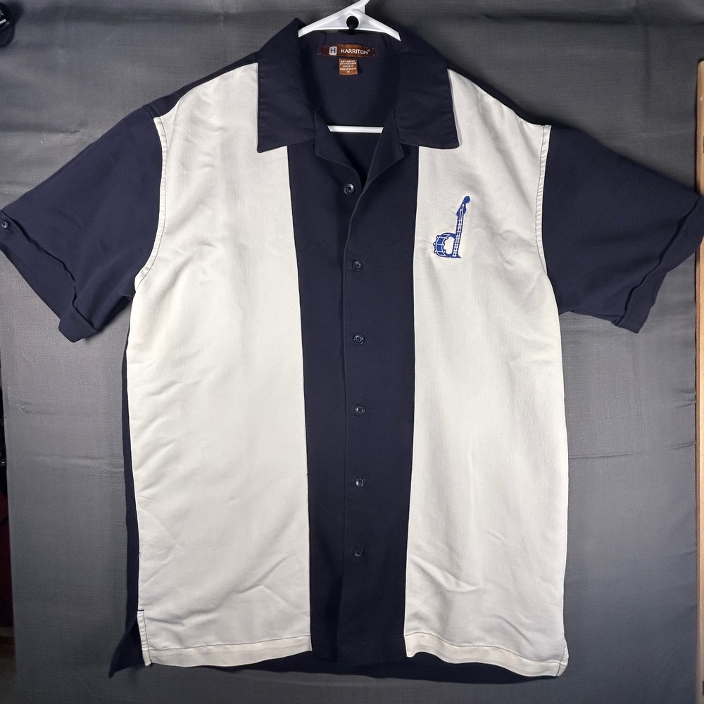 Harriton Mens Navy White Colorblock Bowling Shirt Embroidered Music Logo M575 M